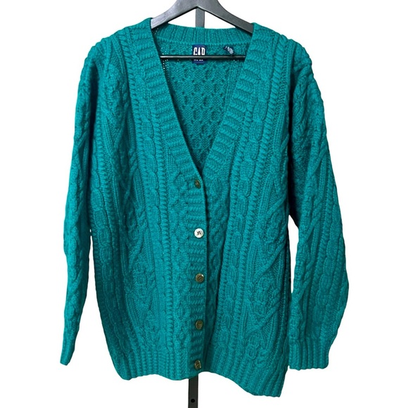 VTG Gap Wool Cable Knit Cardigan Emerald Green Small Hand Knit Cozy Grandpa - Picture 1 of 6